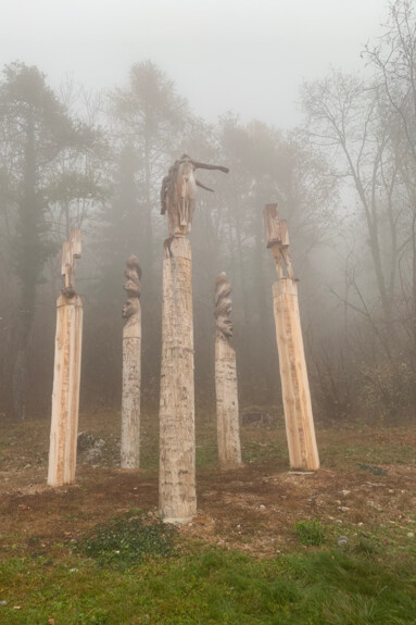 Cinque alte colonne in legno svettano nel bosco, in una giornata di foschia e poca luce. Sulla cima di ogni colonna c’è una statua, anch’essa in legno. Nella statua in primo piano, due figure umane, una maschile e una femminile, sembrano emergere da un ceppo di legno: hanno la testa riversa all’indietro e il braccio sinistro sollevato, come un’ala. Nella statua sulla destra due gambe spuntano da ceppi di legno squadrati. Le due statue sullo sfondo sono volti con uno strano copricapo che sale a spirale: hanno le bocche aperte, sembrano urlare. Infine, nella statua sulla sinistra non si vedono parti umane: solo legno, come se qui la metamorfosi non fosse ancora cominciata. 