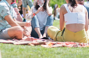 Persone sul prato che bevono un calice di vino 