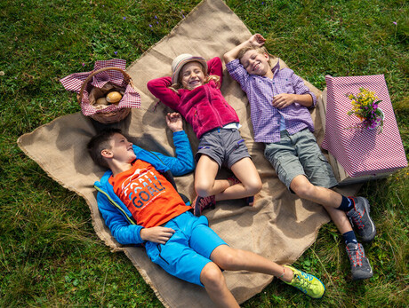 Three children lying on a blanket outdoors during a picnic.