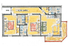Plan of 3-room apartment 4-6 persons with 2 bedrooms and 3 bathrooms