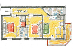 Plan of 3-room apartment 5/7 persons with 2 bedrooms and 2 bathrooms