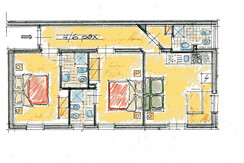 Plan of 3-room attic apartment 4-6 persons with 2 bedrooms and 3 bathrooms